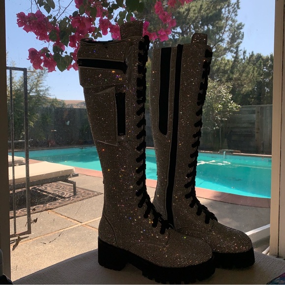 New Dolls Kill x Club Exx Gunmetal Rhinestone combat Boots - Picture 2 of 5